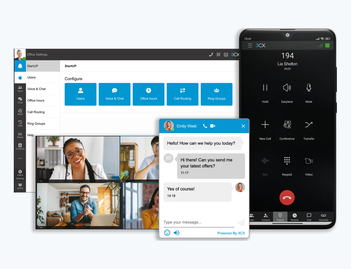 The 3CX management console, mobile app and website live chat shown side by side